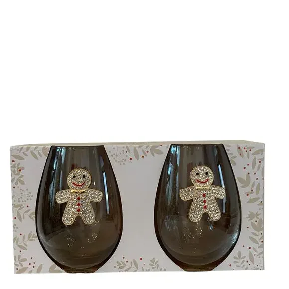 Christmas Jeweled Gingerbread Stemless Wine Glasses Chic Holiday Barware New